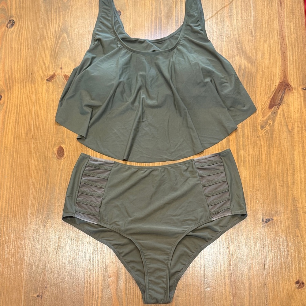 Olive Green Bikini Set high waist 2 piece swimsuit hollow areas NWOT 4XL